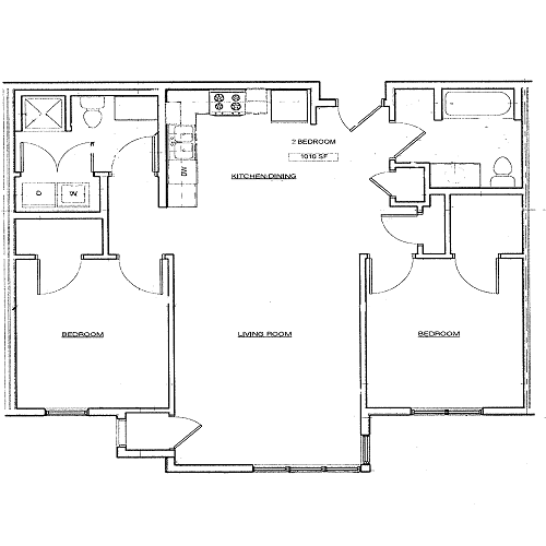 Floor plan for 2 beds, 2 baths, 1077 sqft